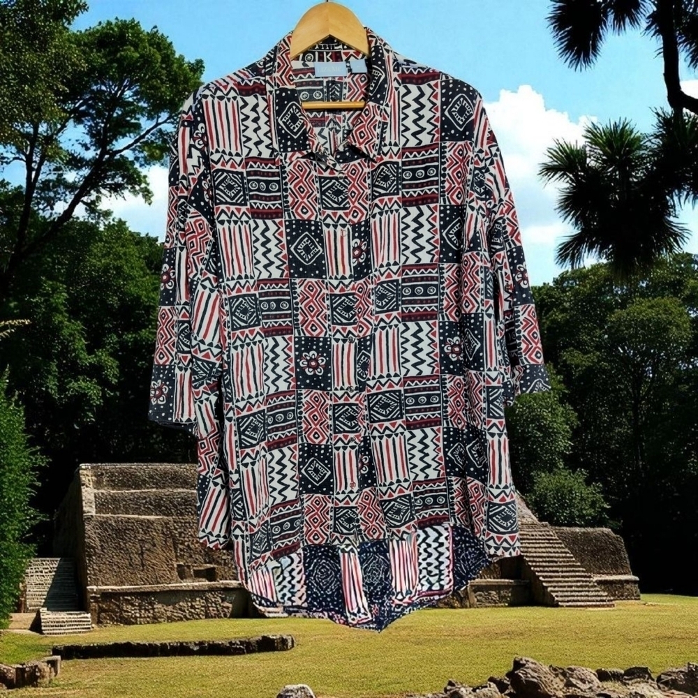 Liz & Me  5X Casual Shirt - Red, Black, White Aztec Print